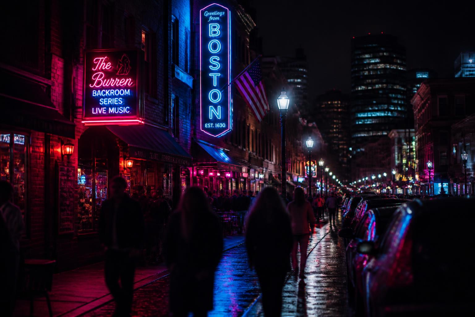 Neon-lit Boston nightlife street